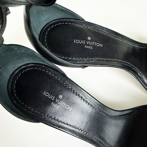 LOUIS VUITTON Black Call Back Sandal Heels Size 39 US 8.5 Logo Leather Strappy - Picture 12 of 15